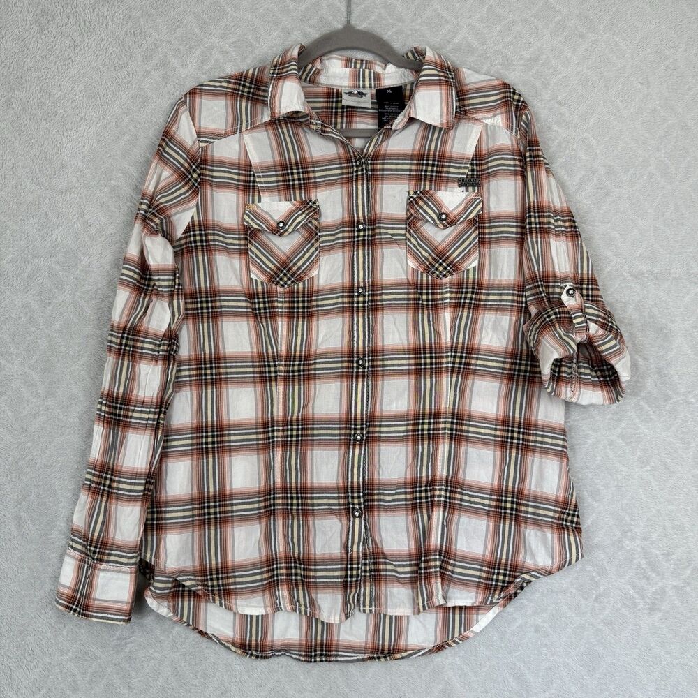 Harley Davidson Button Up Shirt XL Plaid Roll Tab Bling Y2K Biker Moto Grunge
